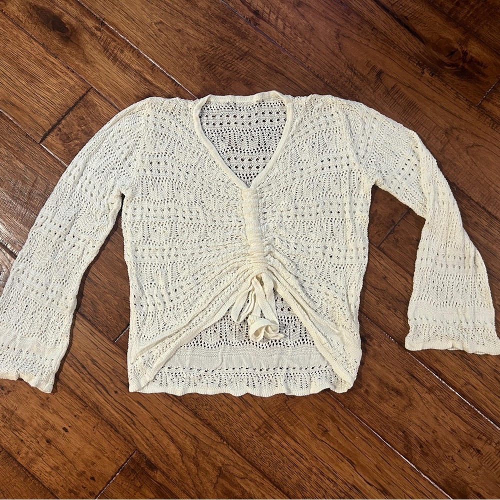 Lightweight Cream Crochet Sweater with Adjustable Drawstring Detail